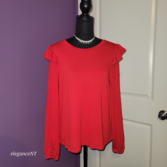 Crown & Ivy Red Ruffle Sleeve Top Sz: M NWT - Picture 5 of 7